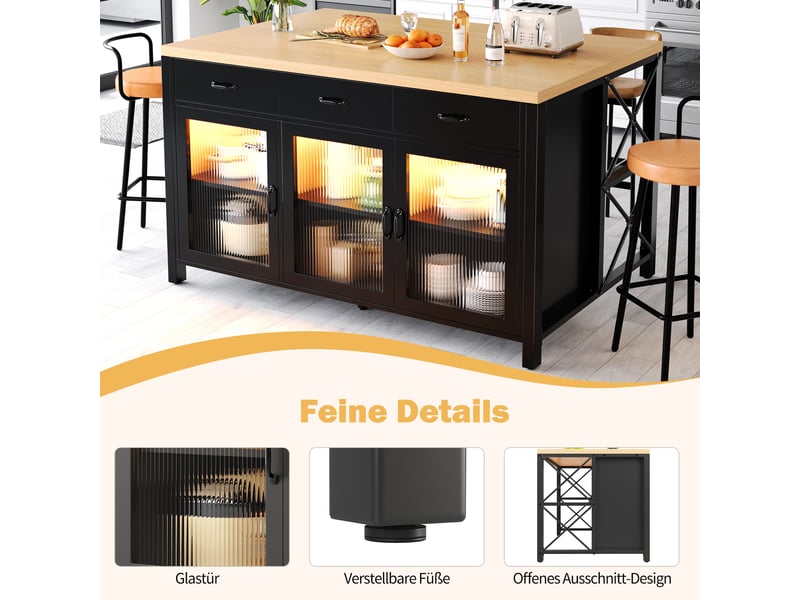  Îlot de cuisine noirnaturel 150 × 80 × 90cm, 3 tiroirs, portes vitrées, éclairage, pieds réglables, style industriel  - Conforama E