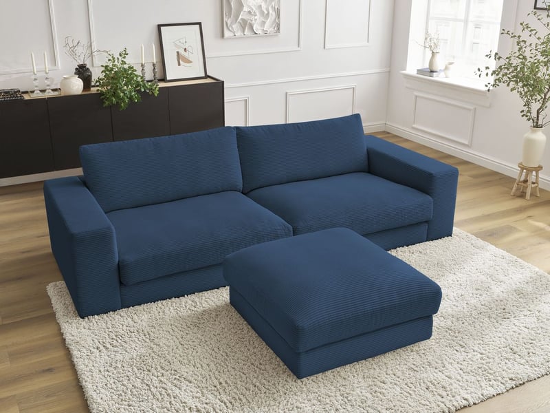  Bobochic canapé droit fixe 3 places leonard velours côtelé avec pouf bleu foncé LEONARD - Conforama D