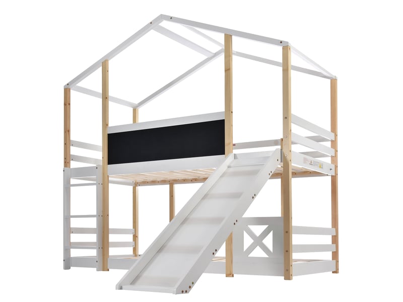 Lit cabane avec toboggan et échelle 90x200 cm, lit enfant blanc et nature en bois massif avec sommier  - Conforama A