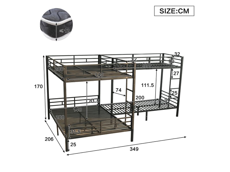  Lit superposé 90x200 et 140x200 cm avec échelle, structure en fer noir  - Conforama E