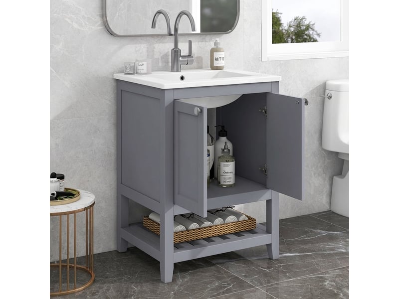 Meuble salle de bain 60 cm sur pied avec lavabo en céramique gris clair - Conforama B