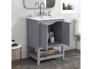 Meuble salle de bain 60 cm sur pied avec lavabo en céramique gris clair