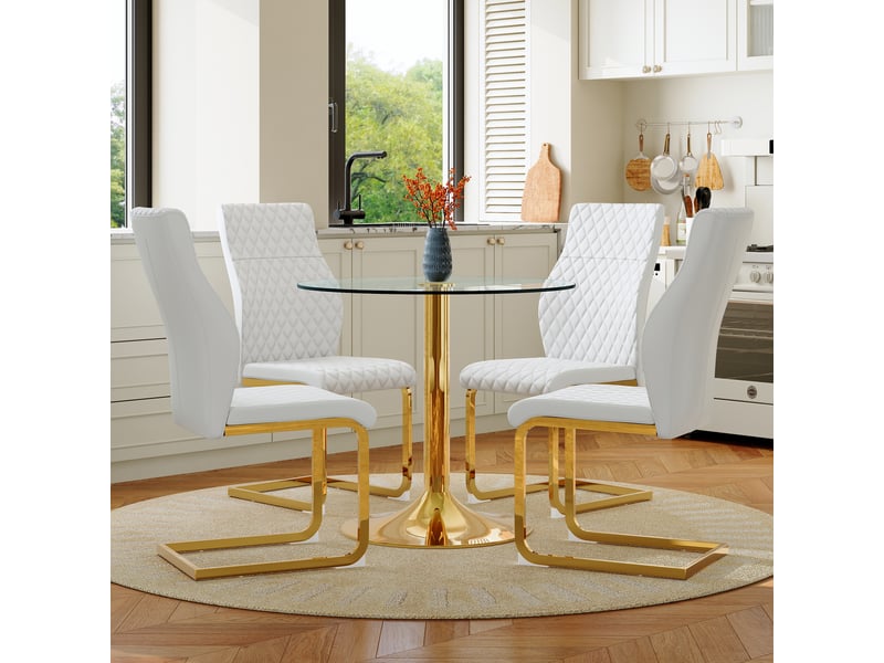 Ensemble table ronde en verre et 4 chaises, table ronde 85 cm en verre trempé, finition blanche et dorée pour salle à manger  - Conforama E