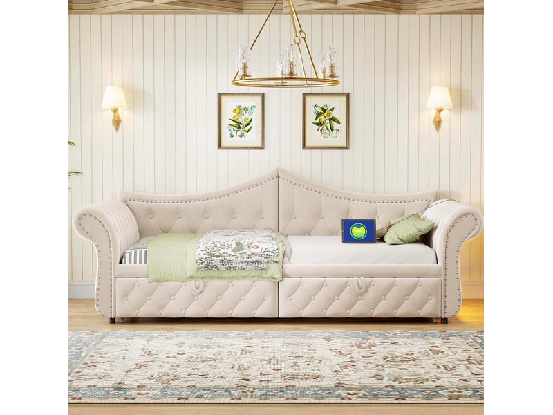  Lit gigogne 90x200 cm, canapé-lit 3-en-1 extensible en velours beige avec led et usb, sans matelas  - Conforama B