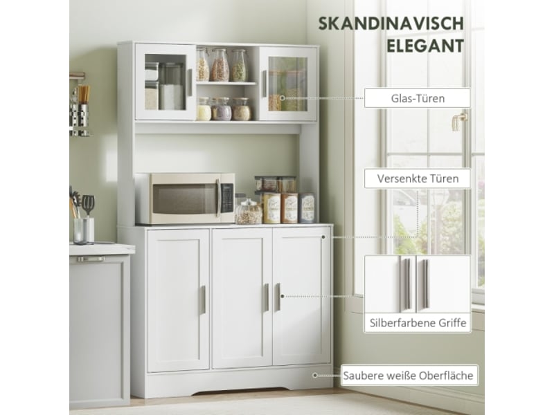 Meuble cuisine blanc scandinave, 4 compartiments, étagères réglables et portes vitrées, rangement moderne - Conforama B