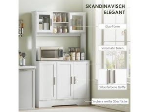 Meuble cuisine blanc scandinave, 4 compartiments, étagères réglables et portes vitrées, rangement moderne