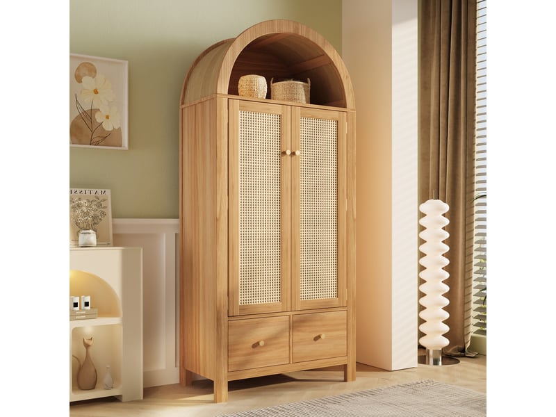 Armoire de chambre 181x78x45 cm avec sommet arqué et cannage rotin, armoire dressing avec 2 portes magnétiques, 2 tiroirs, tringle, finition chêne OPULERANE TRADING LTD - Conforama B