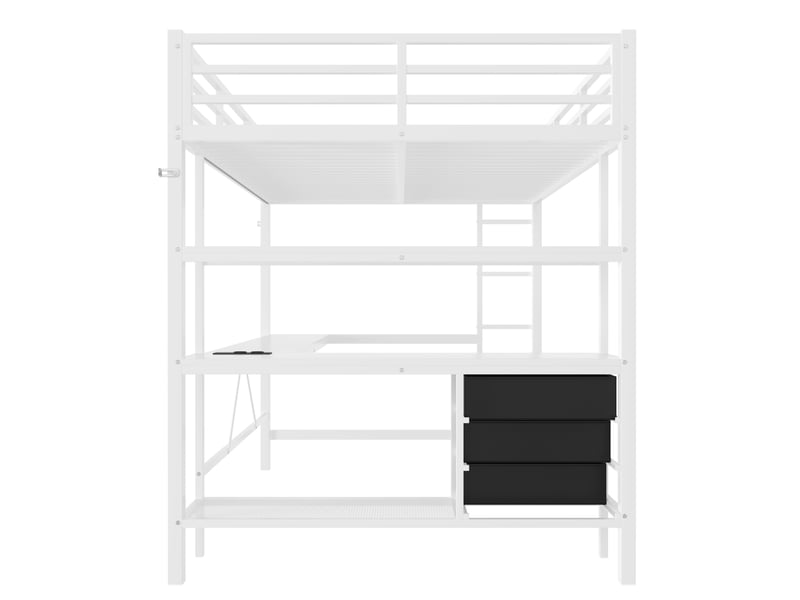  Lit mezzanine blanc 140 × 200 cm, bureau, led, usb, 3 tiroirs et étagères  - Conforama E