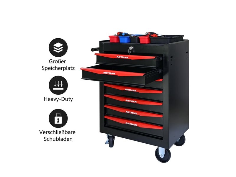  Boîte à outils à 7 tiroirs - noir &amp; rouge - acier - 24.6 kg - roues pivotantes - verrouillage à clé 52.4x33x65.6cm - Conforama C