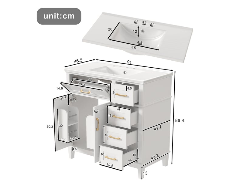 Meuble de salle de bain - 90x46x87 cm - meuble sur pied avec vasque en céramique, 4 tiroirs et portes - blanc et or - Conforama E