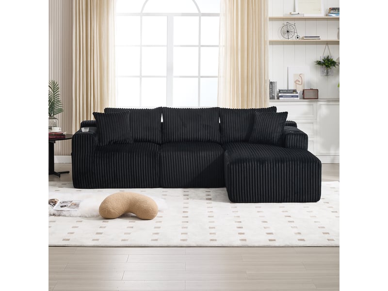  Canapé modulable 2 places avec méridienne, velours côtelé, 5 coussins, porte-gobelets  - Conforama B
