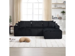 Canapé modulable 2 places avec méridienne, velours côtelé, 5 coussins, porte-gobelets