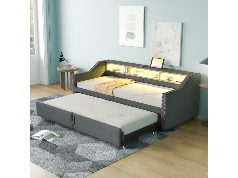  Lit enfant gigogne 90 x 200 cm, rangements latéraux led+usb, sommier lattes, tissu lin, gris foncé sans matelas  - Conforama D