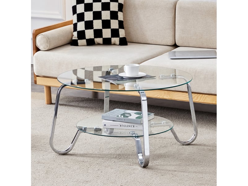  Table basse ulevr ronde à 2 niveaux avec rangement, ø 80 cm, verre trempé et métal argenté, hauteur 45 cm  - Conforama E