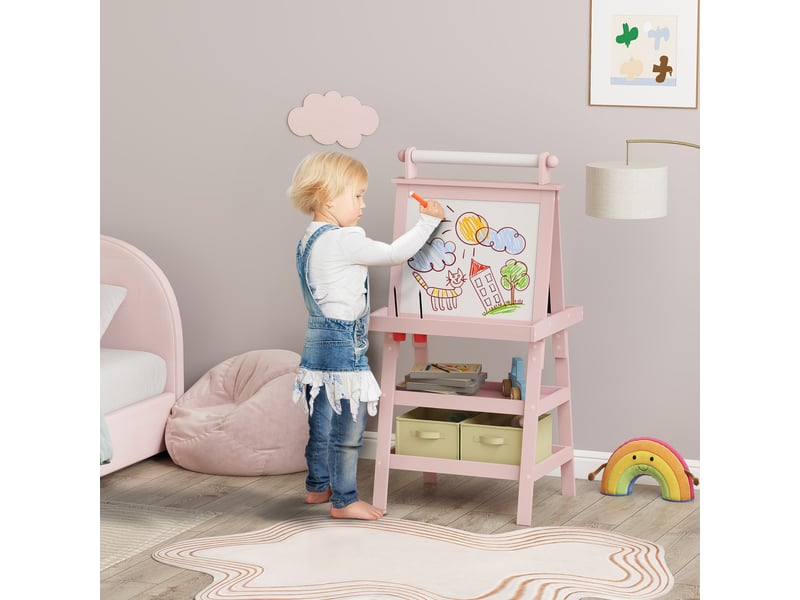  Arkswift, tableau chevalet enfant 3 en 1 avec tableau blanc magnétique, tableau à craie, rouleau papier, 2 paniers, 3-6 ans, rose  - Conforama C