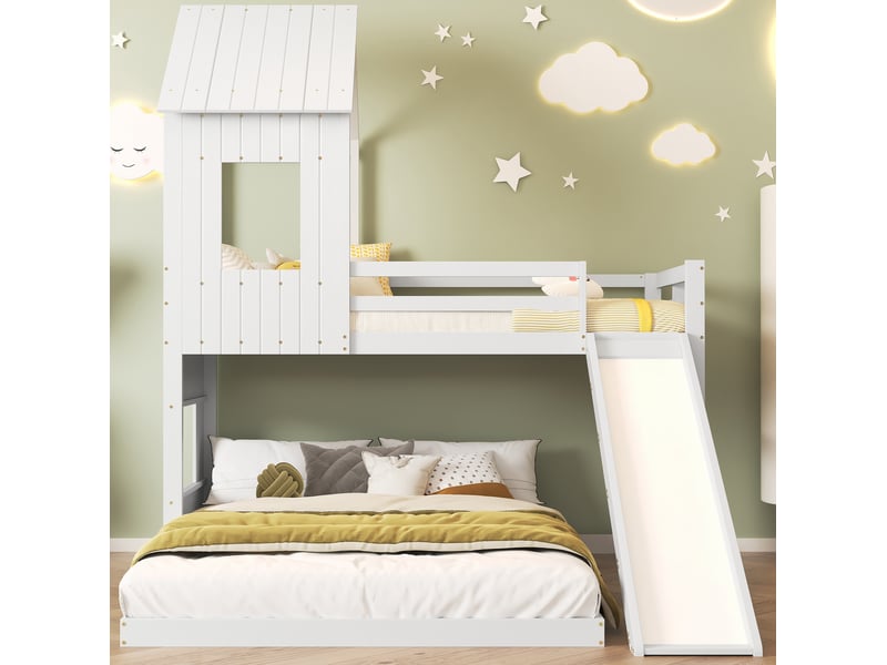  Lit superposé enfant 90x200 et 140x200 cm – blanc – toboggan, toit et escalier 3 marches - sans matelas  - Conforama B