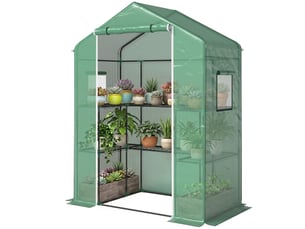 Serre de jardin avec 1 porte, 2 fenetres et 2 étagères en forme de u pour légumes plantes fleurs bâche pe 140x73x190 cm