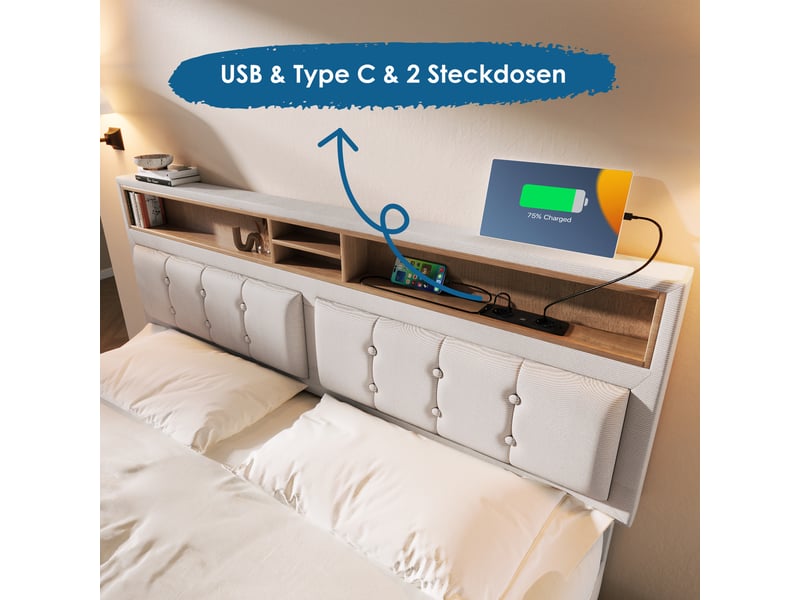  Lit coffre 140x200 capitonné avec tête de lit réglable et prises usb  - Conforama D