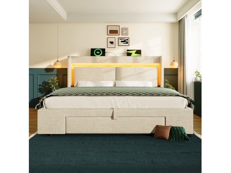  Lit coffre 140 x 200 cm beige en lin avec matelas, led, rangements et ports usbusb-c  - Conforama C
