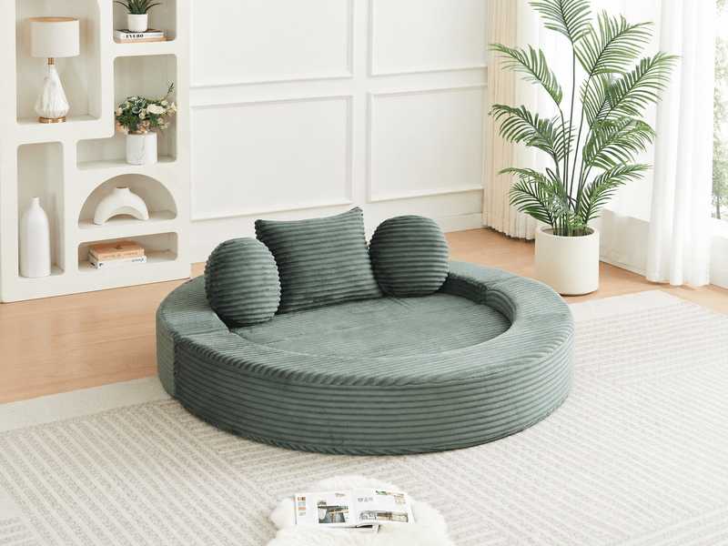  Canapé convertible 4-en-1 en velours côtelé, méridienne et lit de jour rond, 1 place, 3 coussins, vert, design moderne  - Conforama B