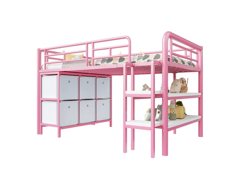  Lit mezzanine enfant bas 90 x 200 cm rose en métal avec rangements  - Conforama A