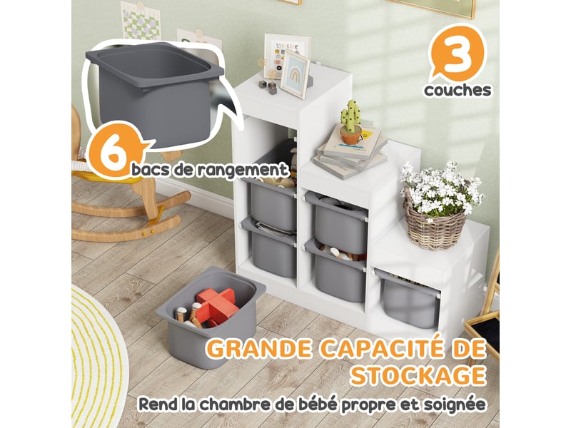  Meuble de rangement pour jouets des enfants avec 6 bacs amovibles, 3 niveaux de rangement, 96 x 38,5 x 90, gris  - Conforama D