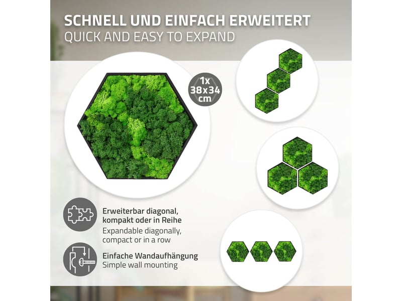 Ecd germany tableau en mousse de renne stabilisée véritable, forme hexagonale 38x34 cm, vert, décoration murale végétale d'intérieur, cadre en bois, sans arrosage ni entretien, effet 3d, pièce unique ECD Germany GmbH - Conforama D