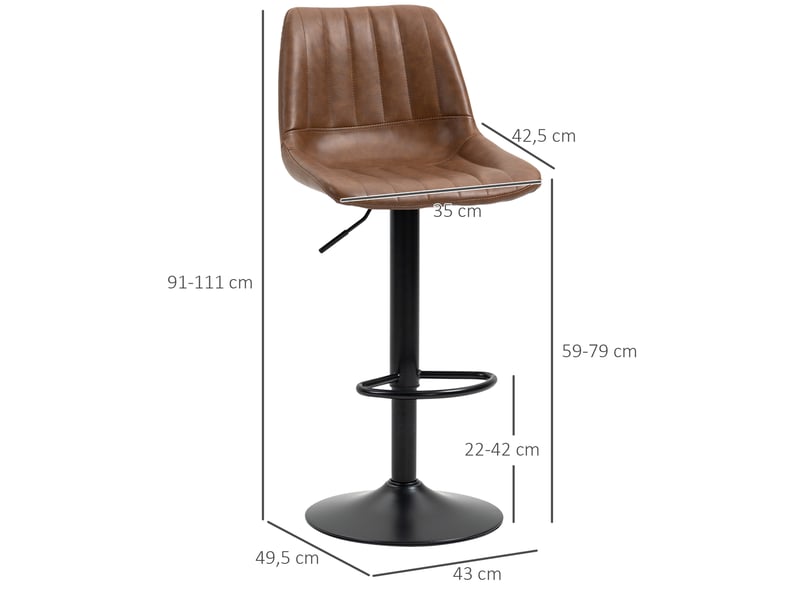  Tabouret de bar pivotant réglable en lot de 2 avec dossier et repose-pieds, en cuir synthétique marron  - Conforama D