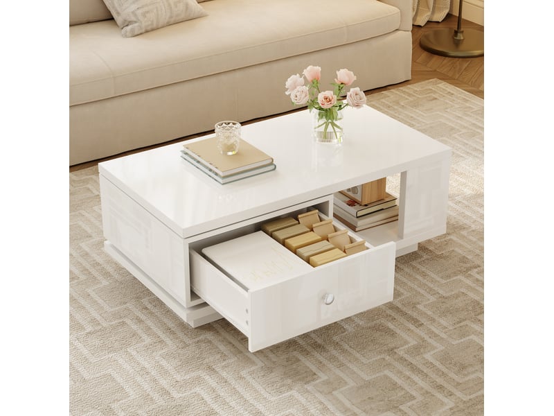  Table basse 90x48x35 cm blanche à tiroir pivotant et niche ouverte  - Conforama E