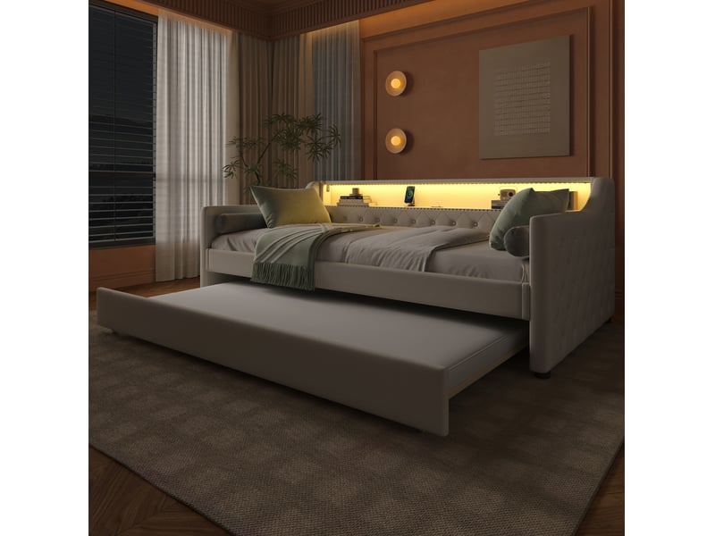  Lit gigogne 90x200 cm avec led et port usb mdf beige sans matelas  - Conforama D