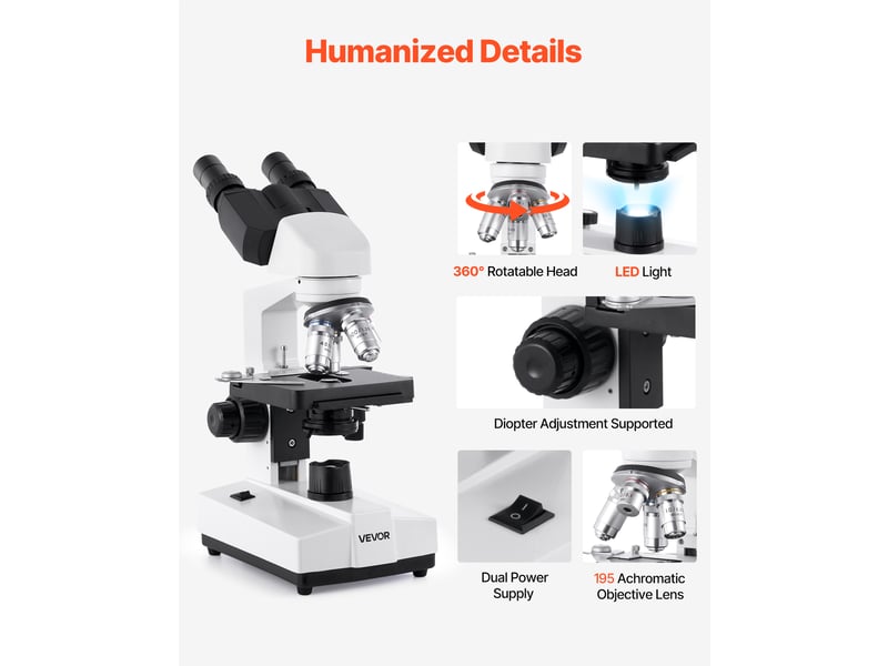 Vevor microscope binoculaire composé avec grossissement 40-5000x deux oculaires  - Conforama E