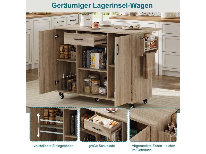  Desserte de cuisine 120x43,5x92,9 cm, à plateau rabattable sur roulettes, avec tiroir et placards, en mdf, chêne sonoma  - Conforama E