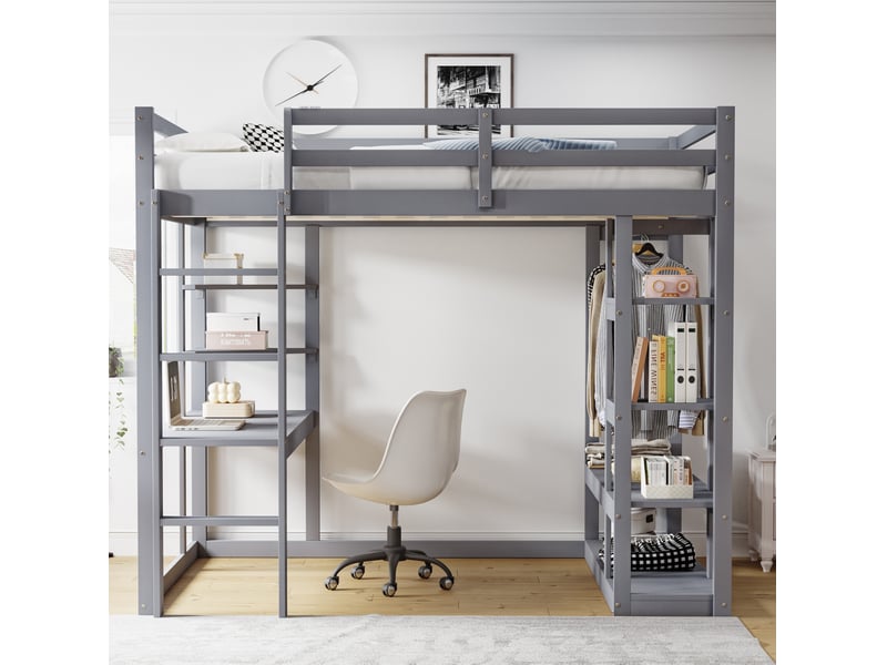  Lit mezzanine enfant 140x200 cm – gris – bureau, étagères et penderie intégrés, gain de place – sans matelas  - Conforama B