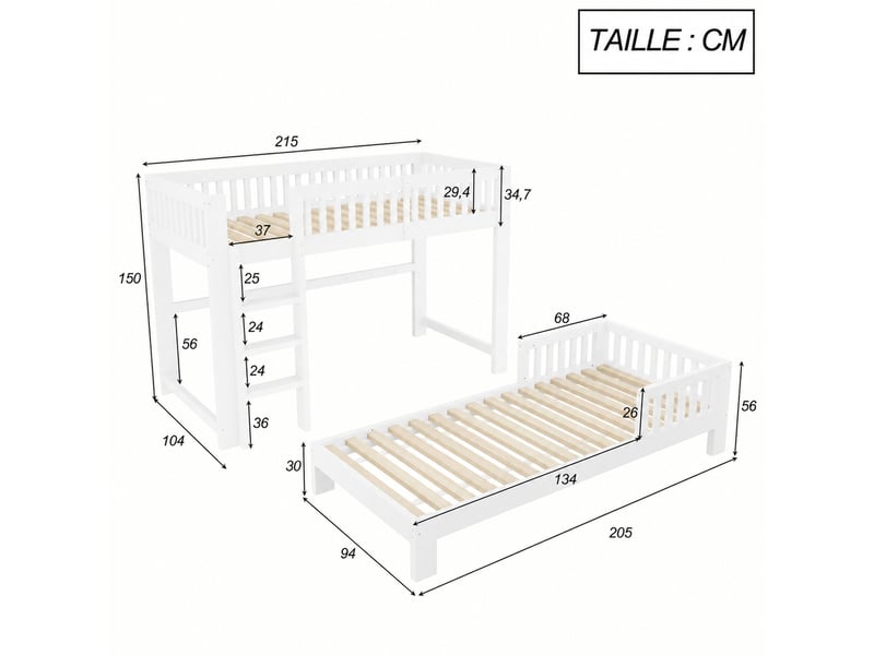 Lit superposé modulable, lit 2 places en bois massif avec barrières, 2 couchages 90x200 cm, sans matelas, blanc - Conforama D