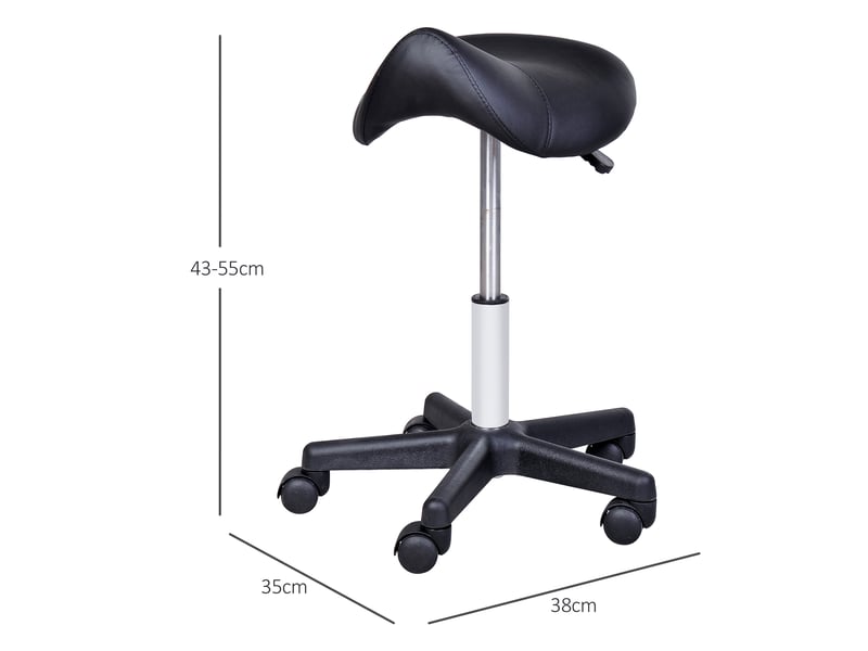  Tabouret à roulettes avec siège en forme de selle réglable en hauteur et rotatif à 360° en similicuir noir 35 x 38 x 45-55 cm  - Conforama C