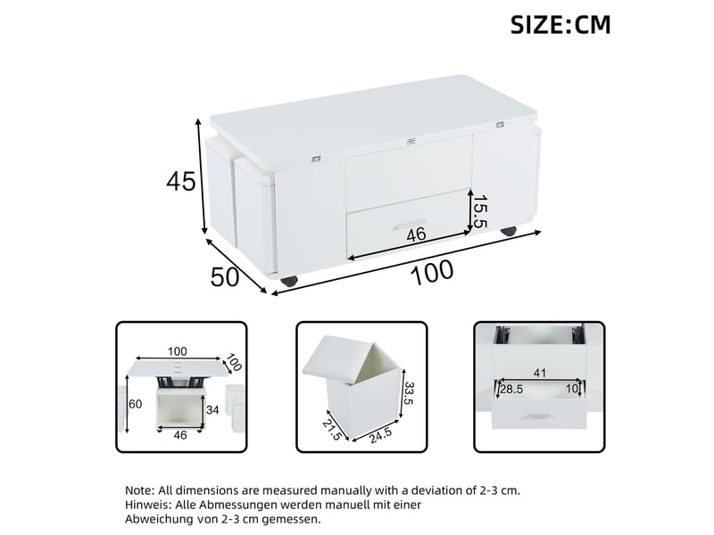 Table basse relevable 100x50x45 cm extensible avec 4 tabourets en panneau de particules blanc  - Conforama E