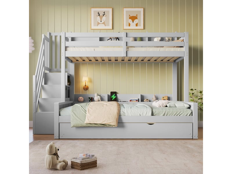 Lit superposé, 90x200 cm + 140x200 cm, avec lit gigogne, port usb et rangements intégrés, bois massif, gris - Conforama D
