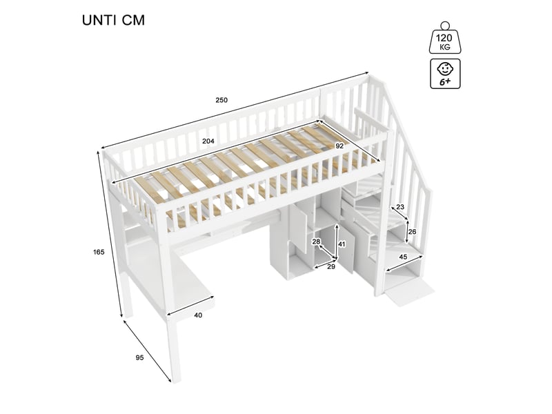 Lit mezzanine enfant 90 x 200 cm avec bureau, rangements et led, blanc - Conforama C