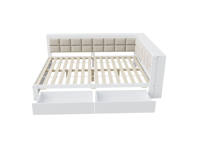 Lit enfant 140x200 cm, canapé-lit avec dossier, 2 tiroirs, rangement et sommier, pin, blanc, sans matelas - Conforama R