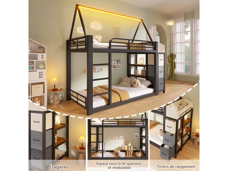  Lit mezzanine 90x200 cm, lit combiné, tiroirs de rangement, rangements intégrés, éclairage led, espace inférieur modulable, mdf et métal noir CozyNest - Conforama E