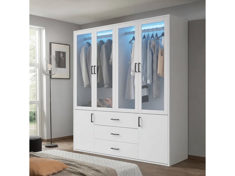  Armoire de chambre led - 160x51,8x182cm - meuble de rangement avec 4 portes vitrées avec led et 3 tiroirs - blanc  - Conforama B