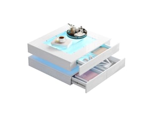 Table basse carrée 70x70x35 cm led intégrée 3 tiroirs plateau verre trempé laqué brillant panneau de particules blanc