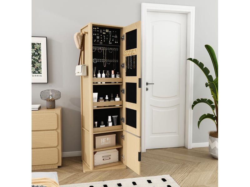  Armoire à bijoux pivotante à 360 degrés avec miroir sur pied, étagères, 6 crochets, décor bois naturel  - Conforama D