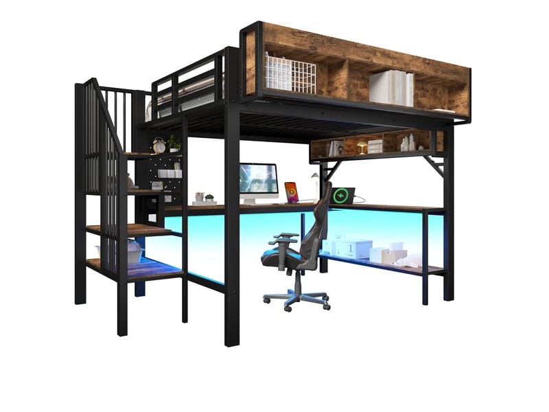  Lit mezzanine enfant 140x200 cm brunnoir avec bureau d’angle, escalier rangement, led et usb-c Fay Lum - Conforama A