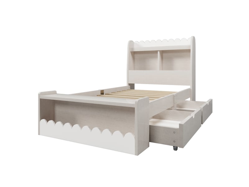  Lit avec tiroirs 1 place 90x190 cm en bois massif et mdf avec 2 tiroirs et étagères, sans matelas, blanc et chêne clair  - Conforama E