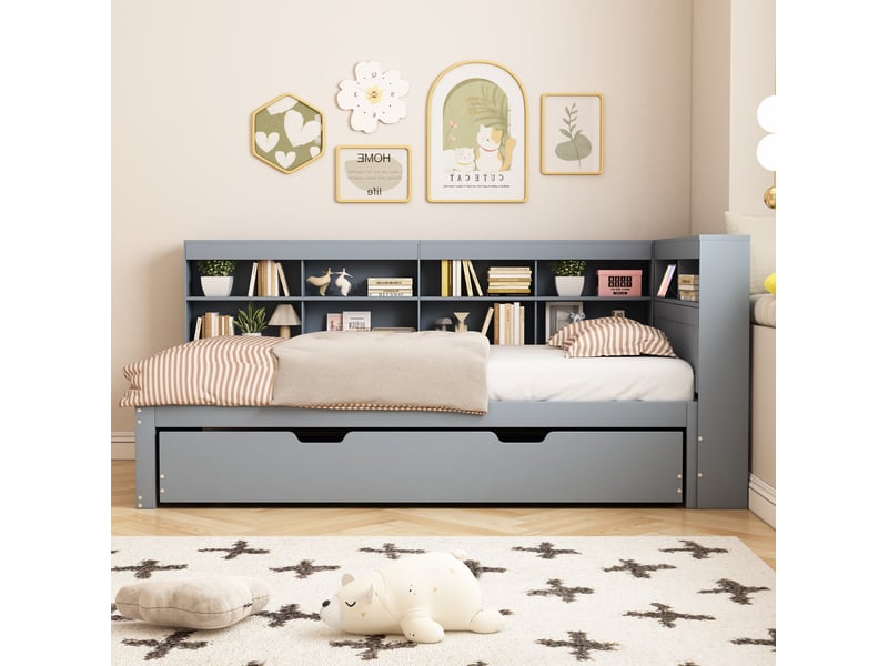 Lit simple gigogne 90x200+90x190 cm, prise usb, gain de place, lit enfant, espace de rangement, bois gris, sans matelas - Conforama D
