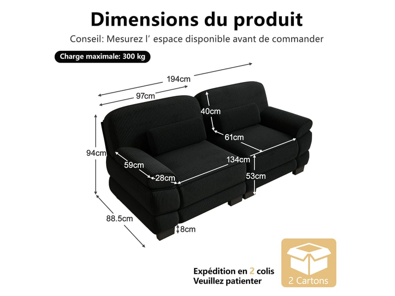  Canapé droit modulable 2 places 194x88.5x94 cm en velours côtelé noir  - Conforama C