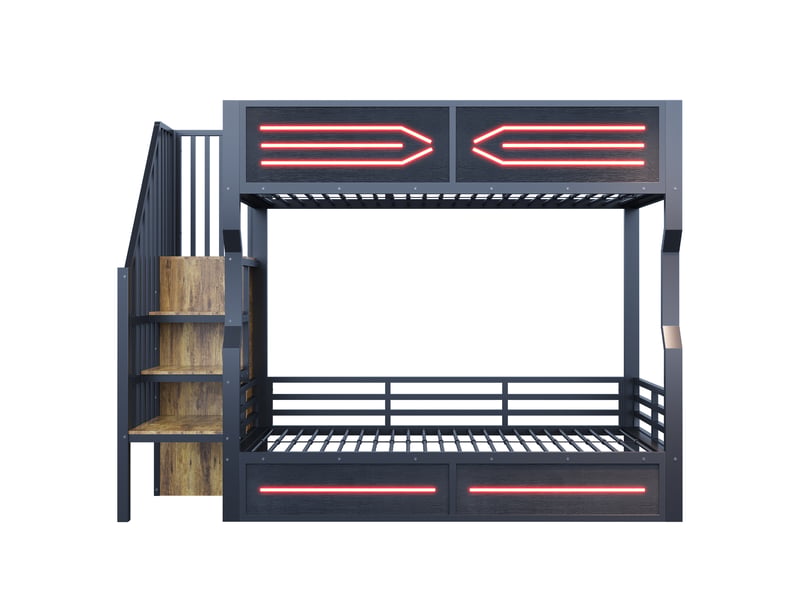 Lit mezzanine 90 × 200 cm lit enfant superposé avec espace de rangement et éclairage led,petit escalier intégré, barrière de sécurité haute,métal, noir evarich - Conforama E