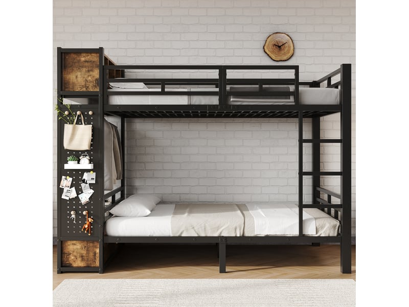 Lit superposé 120x200 cm avec rangement, métal noir et noyer foncé - Conforama D