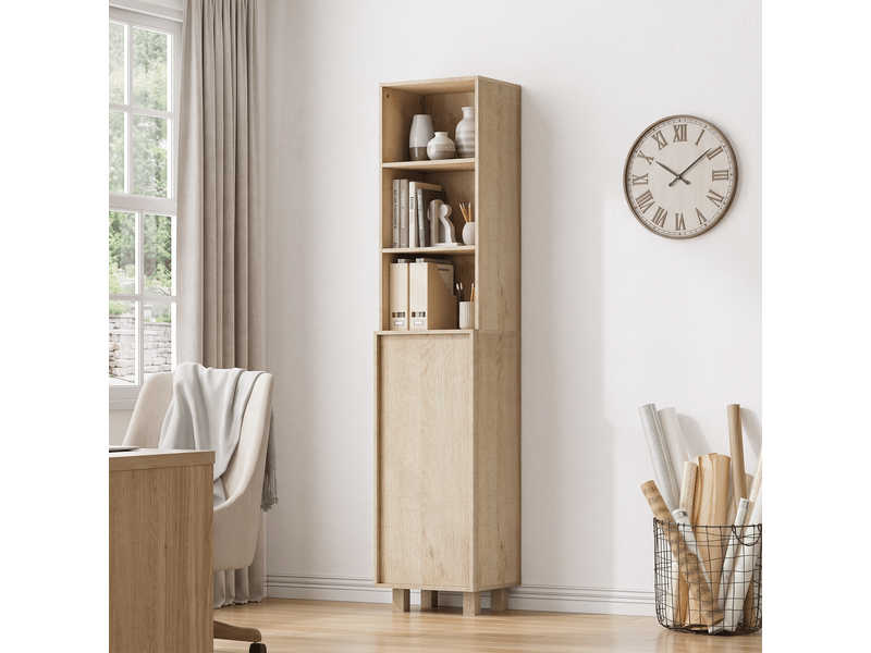  Meuble colonne de salle de bain 162.5cm chêne clair - meuble de rangement étroit avec portes et étagères ouvertes  - Conforama C